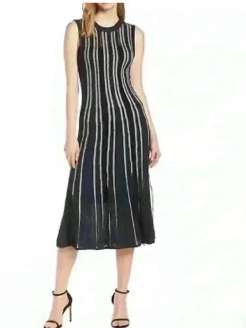 Harlyn Sleeveless Crochet Open Knit Fit and Flare Midi Dress in Navy